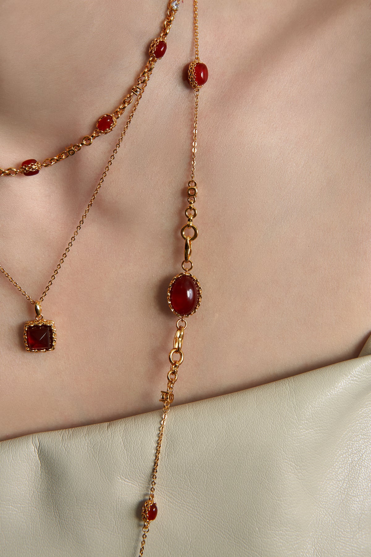 Double-Sided Red Agate Long Necklace – 24K Gold Plated - booneealus