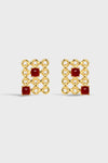 Red Agate Woven Square Hollow Earrings – 24K Gold Plated, 925 Silver Posts - booneealus