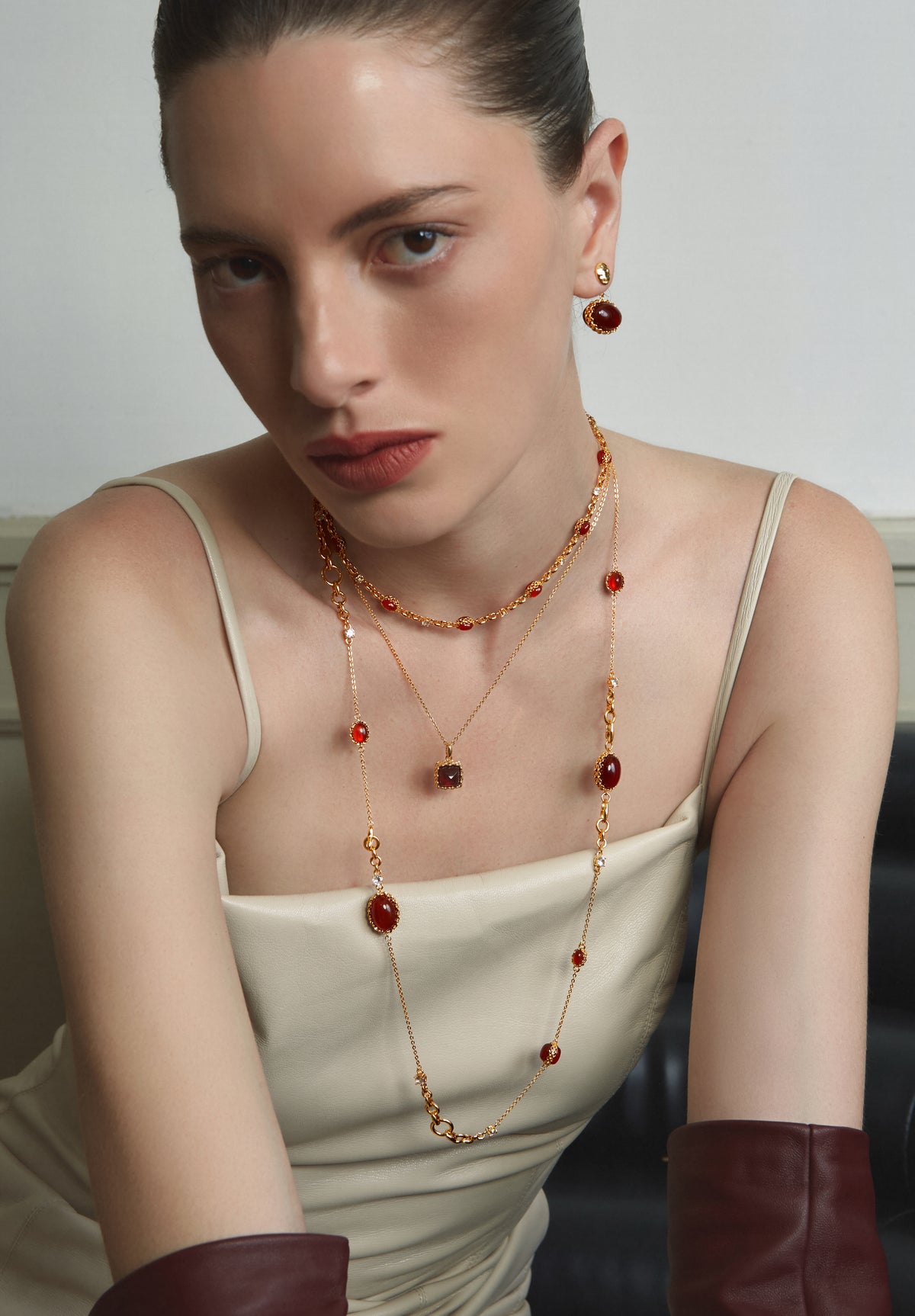 Double-Sided Red Agate Woven Chain Necklace – 24K Gold Plated - booneealus