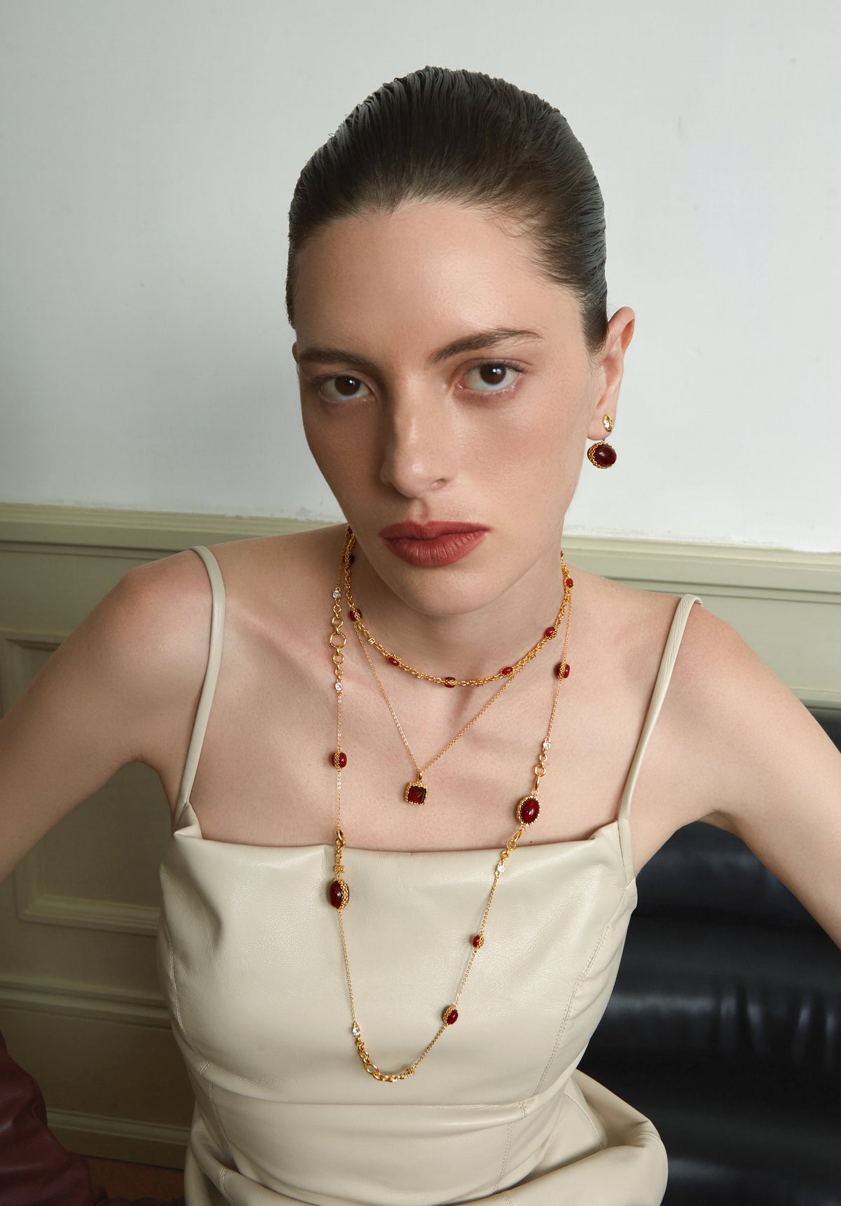 Double-Sided Red Agate Long Necklace – 24K Gold Plated - booneealus