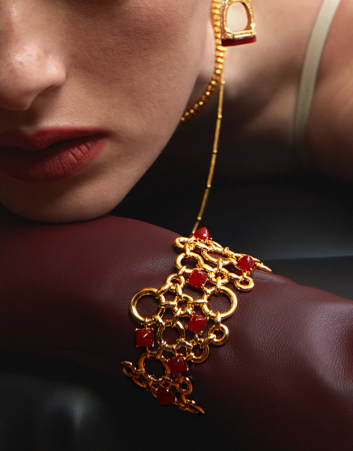 Woven Hollow Sugarloaf Red Agate Open Cuff Bracelet