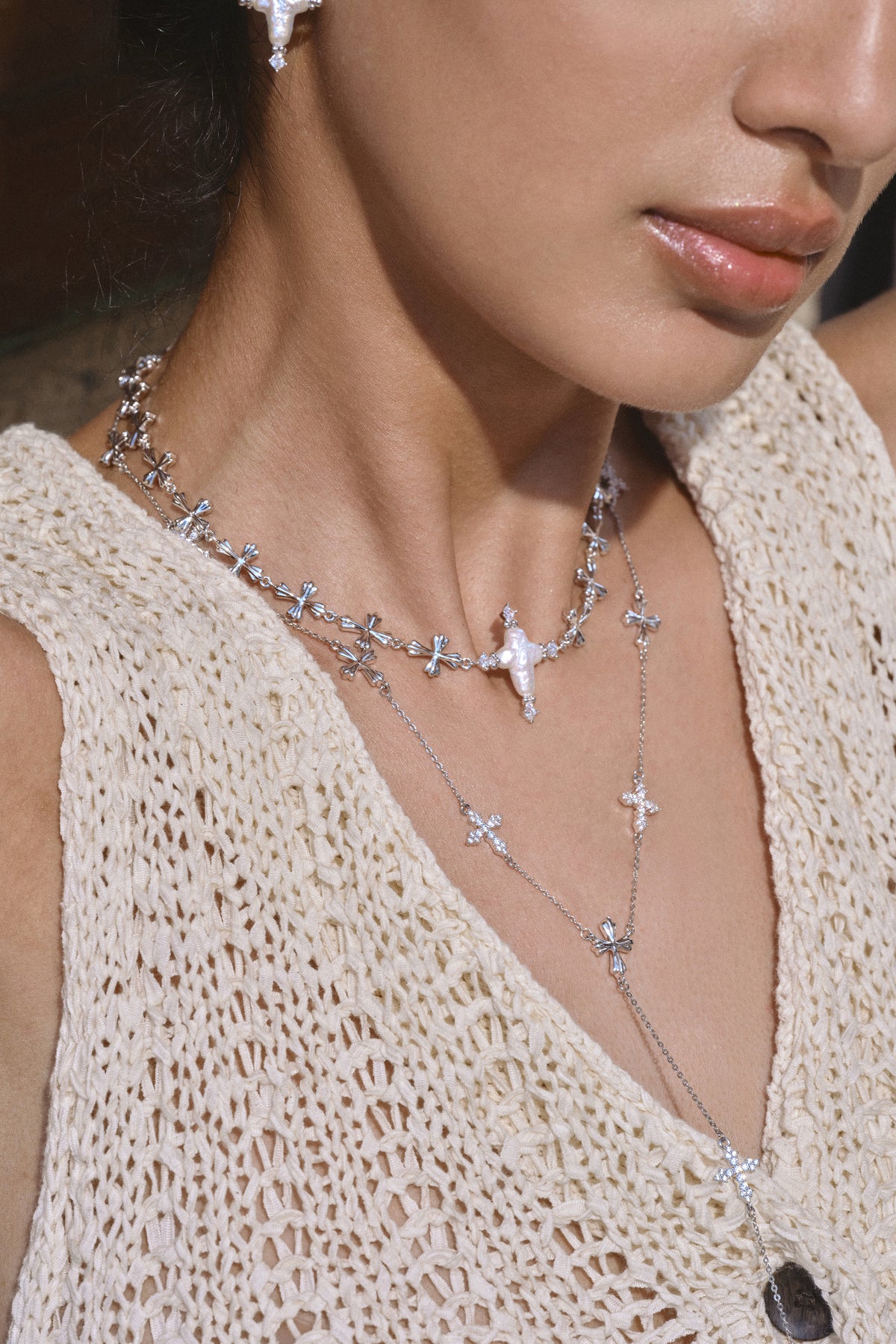 Forged Pilgrimage & Pearl Cross Cipher Necklace Set – Silver - booneealus