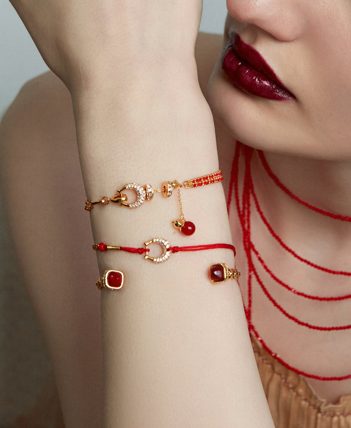 Woven Chain Red Agate Open Cuff Bracelet - booneealus