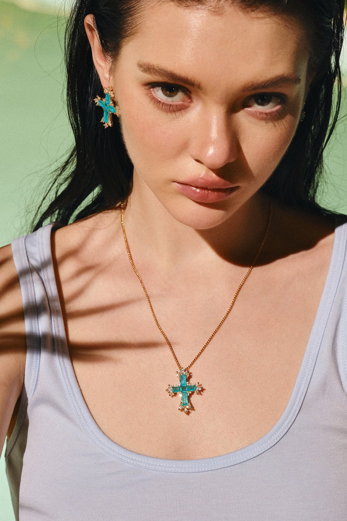 Paraiba Cross Jewelry Set – Gold 3-Piece Collection (Small Necklace) - booneealus