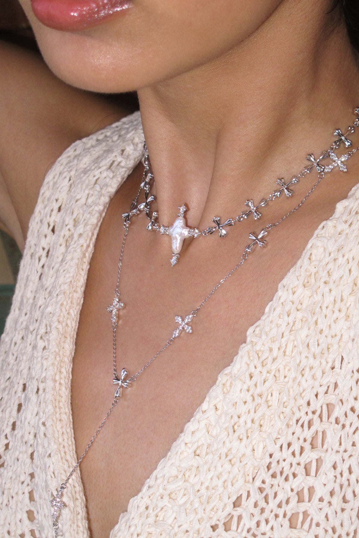 Forged Pilgrimage & Pearl Cross Cipher Necklace Set – Silver - booneealus