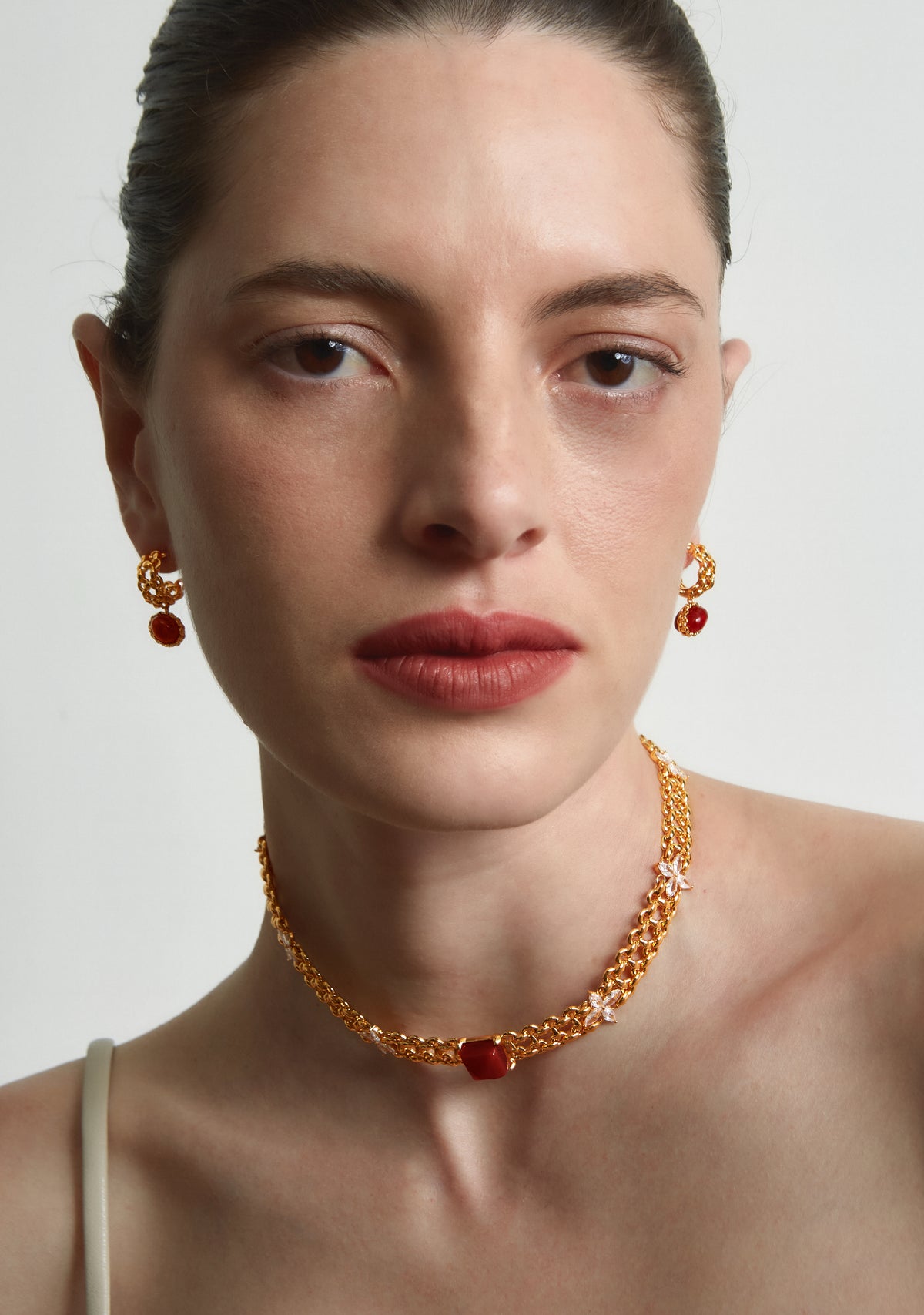 Dual-Sided Red Agate Woven C-Hoop Earrings - booneealus