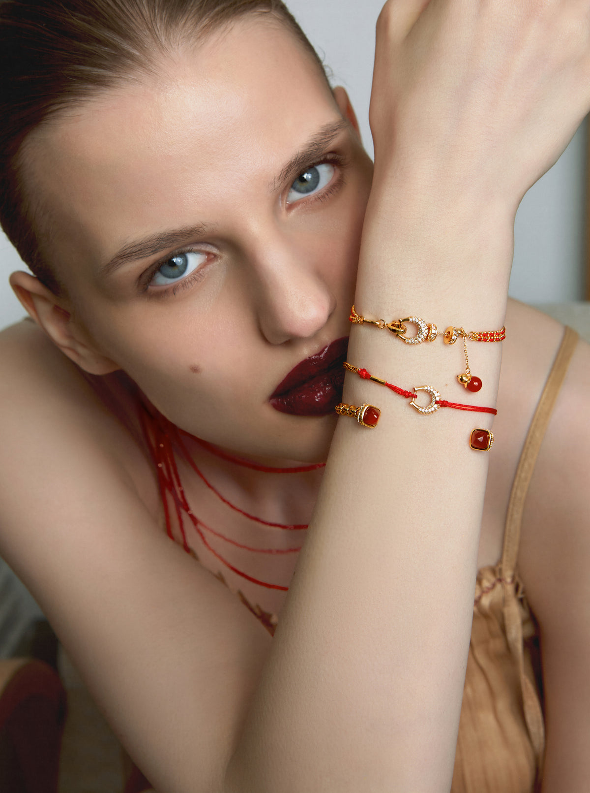 Woven Chain Red Agate Open Cuff Bracelet - booneealus