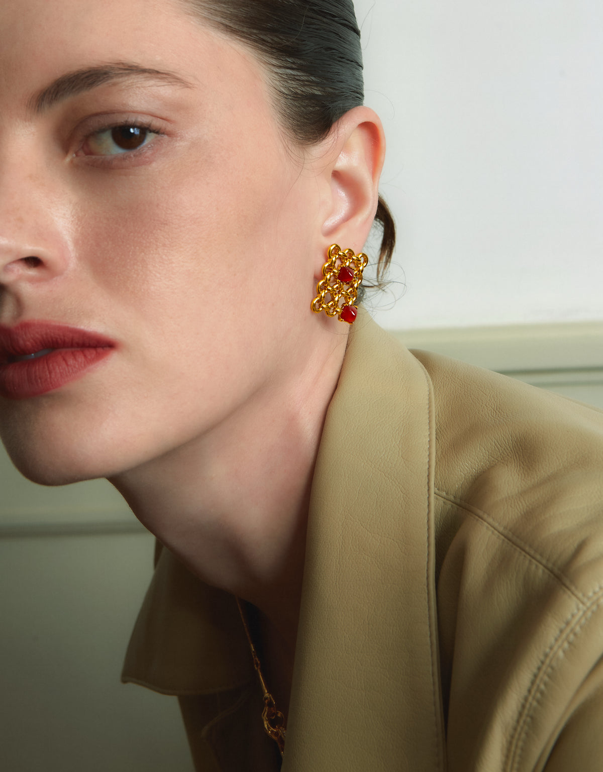 Red Agate Woven Square Hollow Earrings – 24K Gold Plated, 925 Silver Posts - booneealus