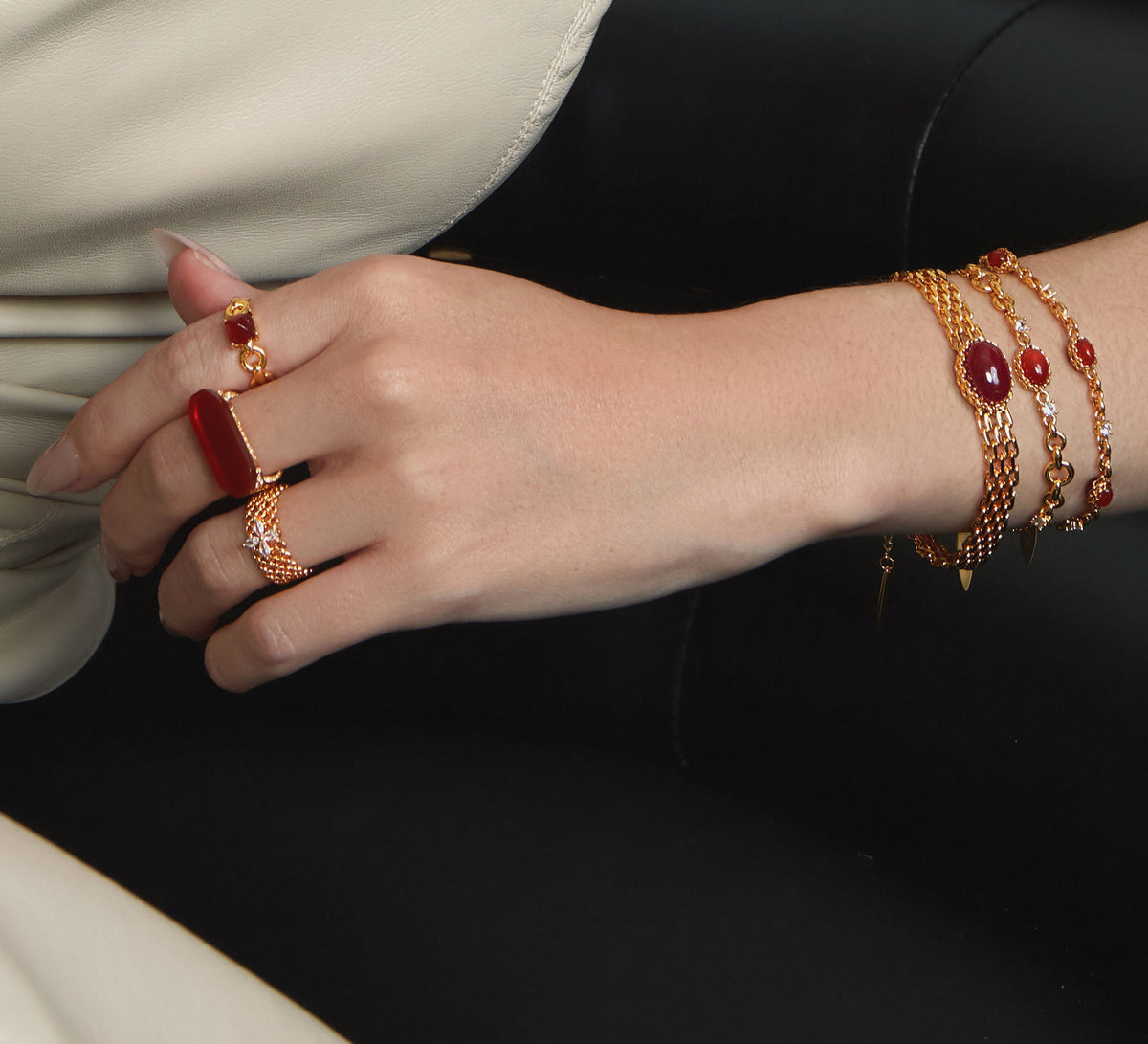 Asymmetric Red Agate Woven Chain Bracelet – 24K Gold Plated