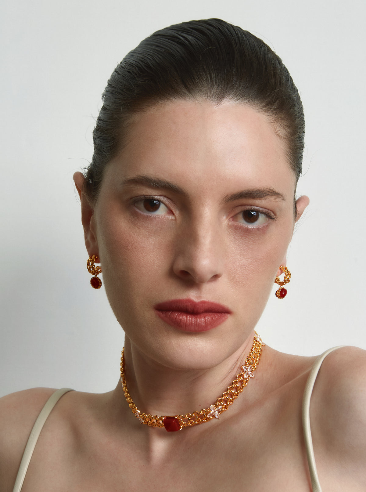 Dual-Sided Red Agate Woven C-Hoop Earrings - booneealus