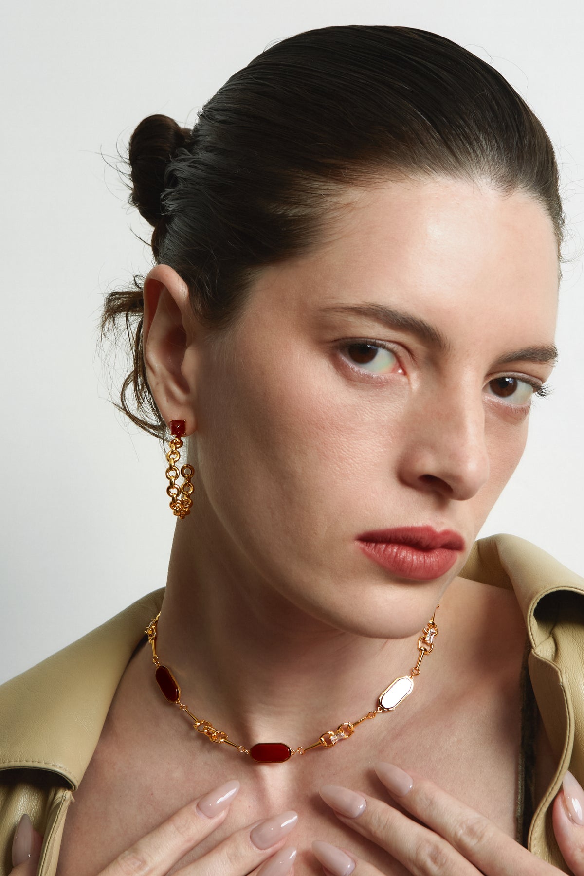 Sugar Pyramid Red Agate C-Hoop Earrings – 24K Gold Plated - booneealus