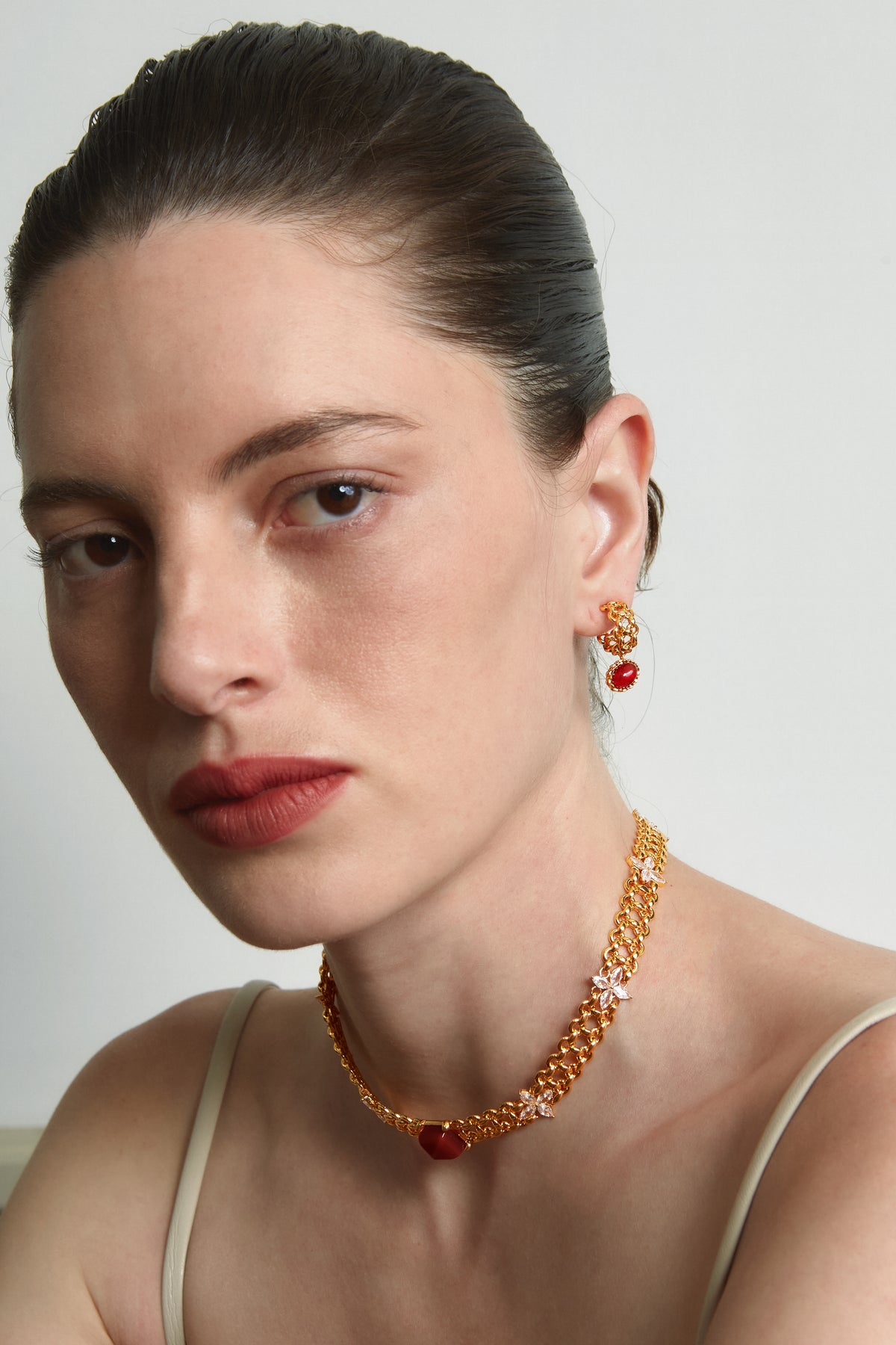 Dual-Sided Red Agate Woven C-Hoop Earrings - booneealus