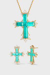 Paraiba Cross Jewelry Set – Gold Large Necklace & Earrings - booneealus