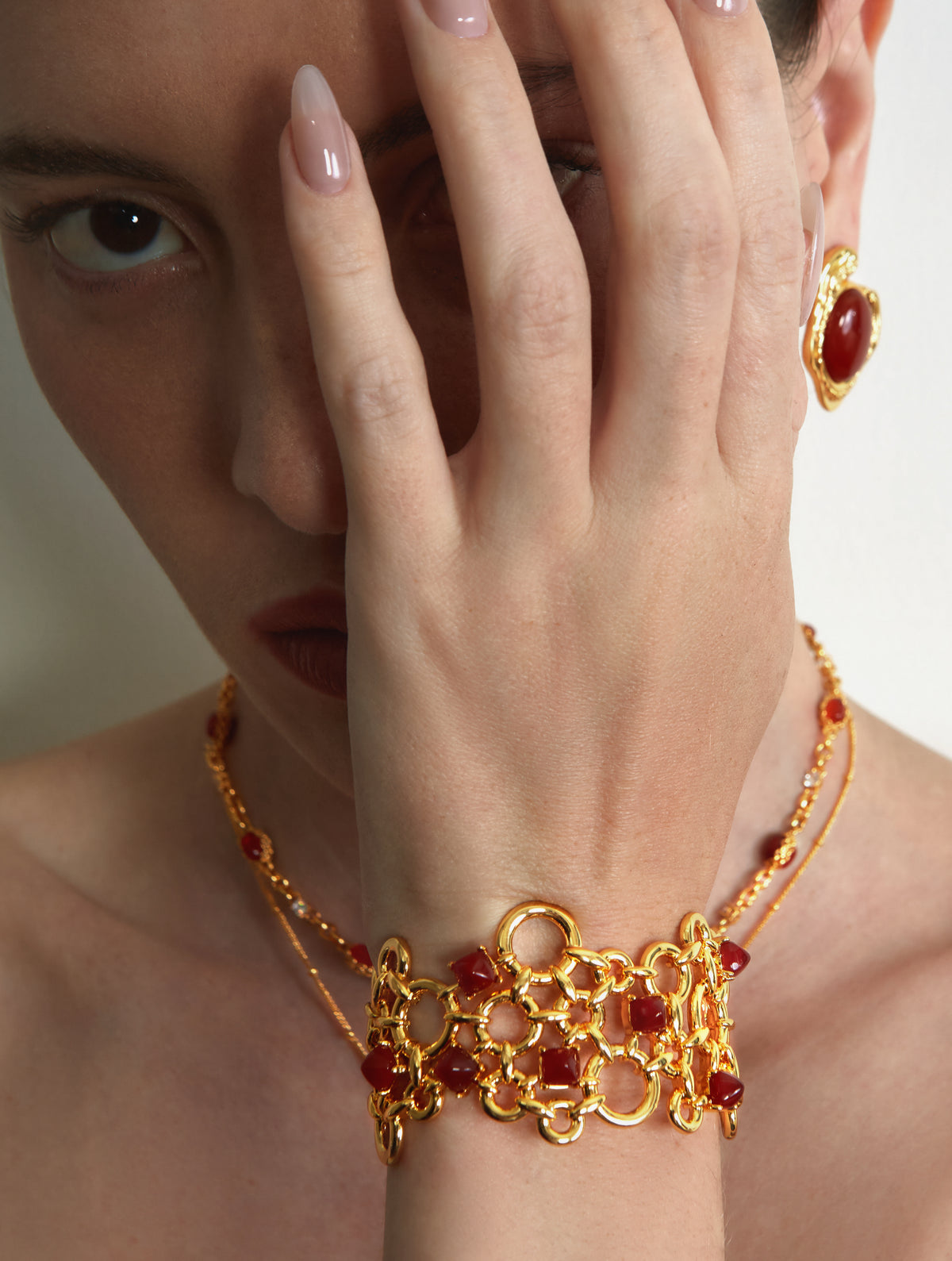 Woven Hollow Sugarloaf Red Agate Open Cuff Bracelet