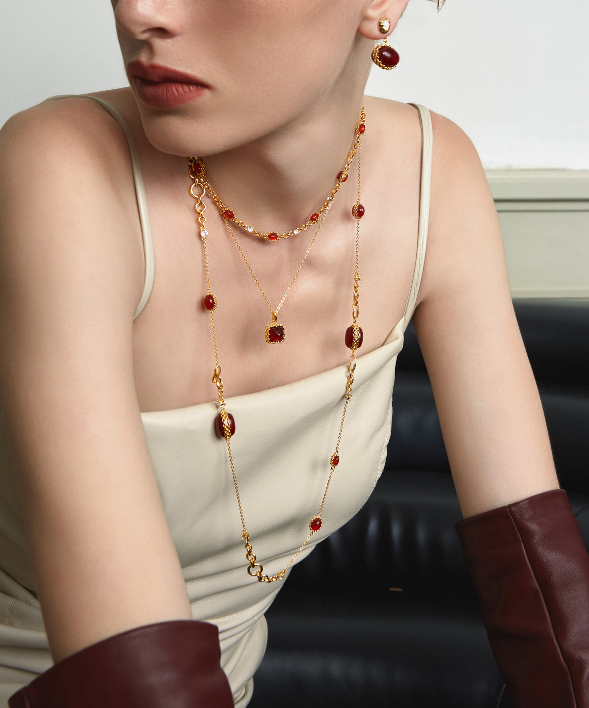 Double-Sided Red Agate Long Necklace – 24K Gold Plated - booneealus