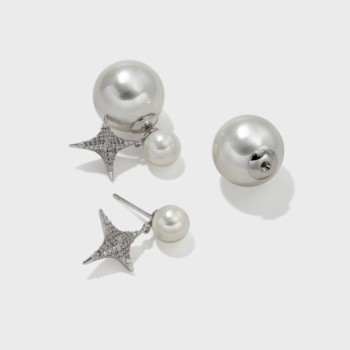 Pearl Stud Earrings with Reversible Zircon Starburst - booneealus