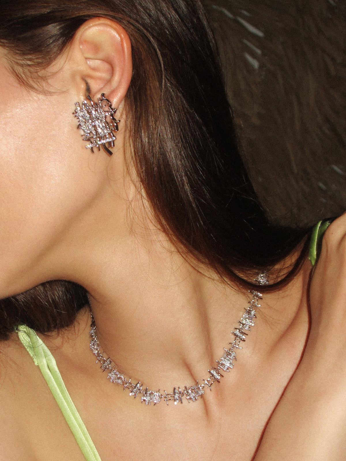 Braided Metal Irregular Zirconia Patchwork Necklace Silver - booneealus