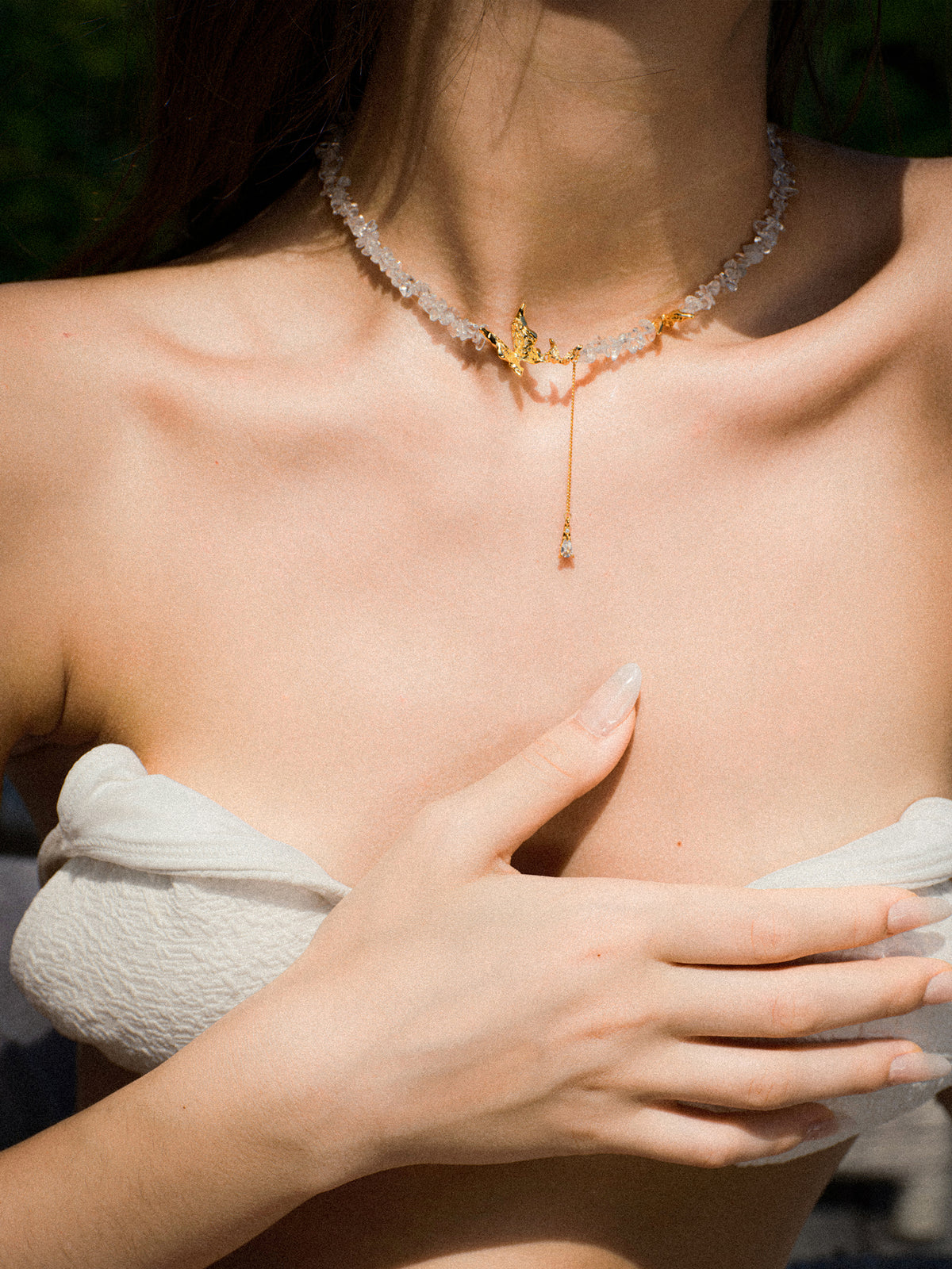 Butterfly Teardrop Zircon Pendant with Crushed Stone Necklace - booneealus