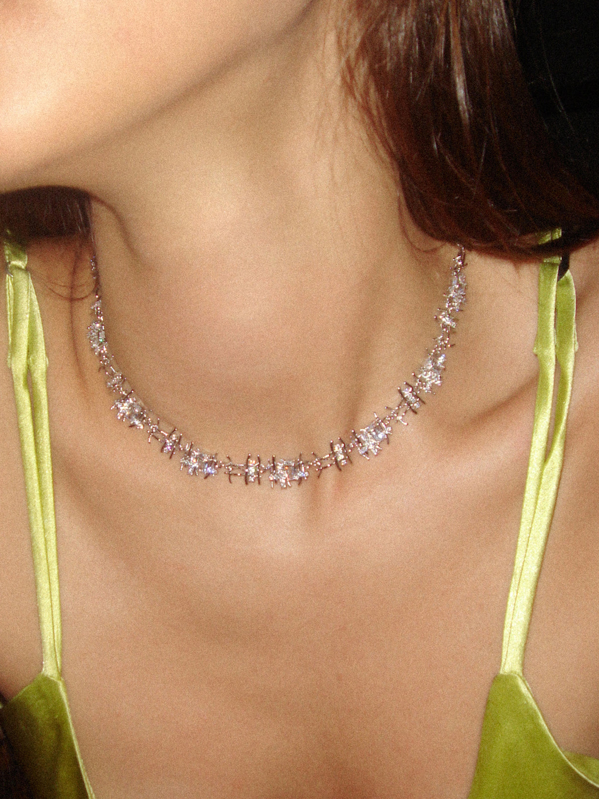 Braided Metal Irregular Zirconia Patchwork Necklace Silver - booneealus