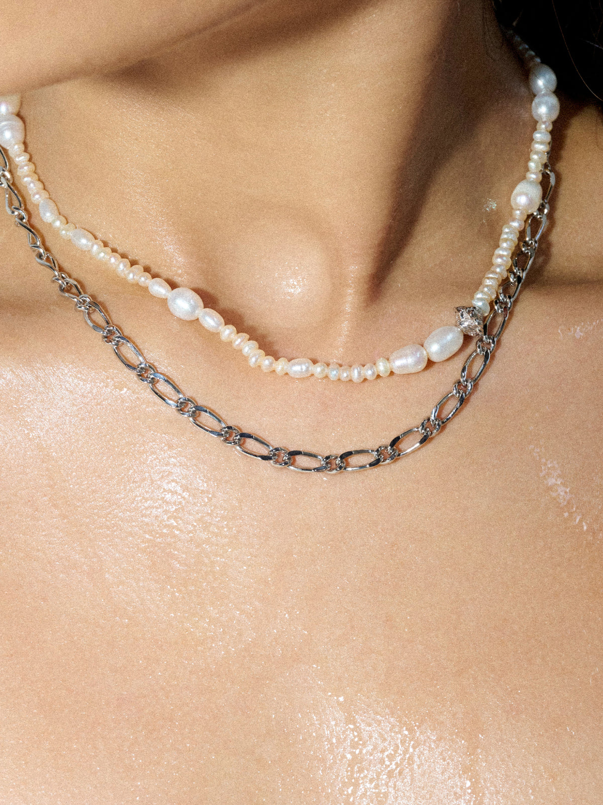 Freshwater Pearl Metal Chain Double Layer Necklace - booneealus