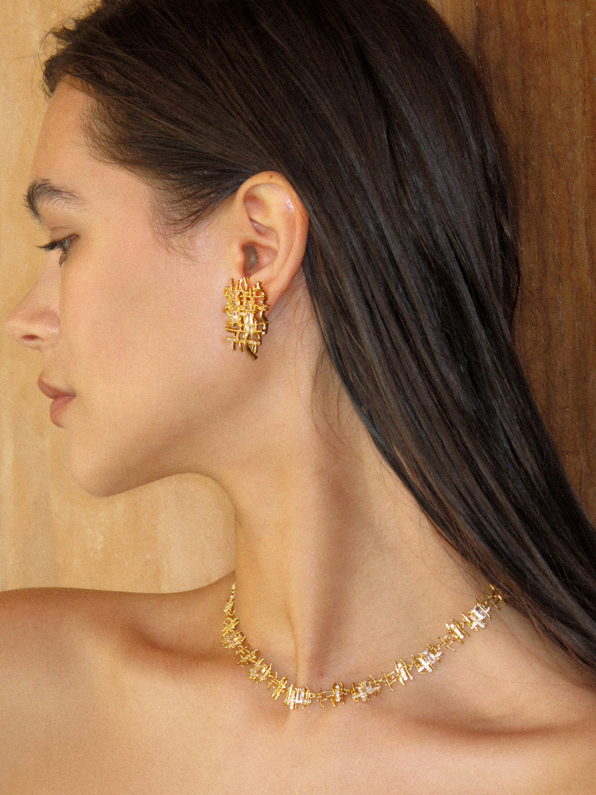 Braided Metal Irregular Zirconia Patchwork Necklace Gold - booneealus