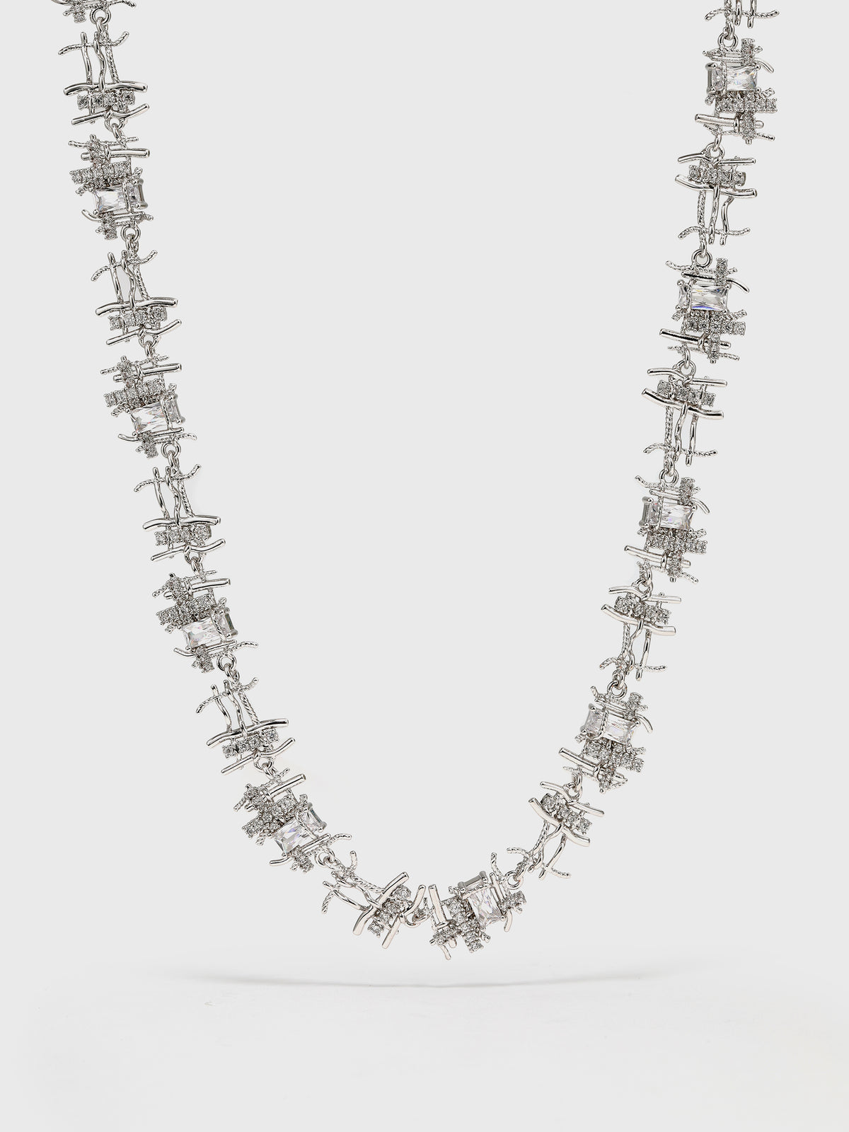 Braided Metal Irregular Zirconia Patchwork Necklace Silver - booneealus