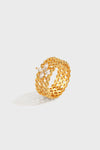 Woven Lace Four-Leaf Clover CZ Ring – 24K Gold Plated