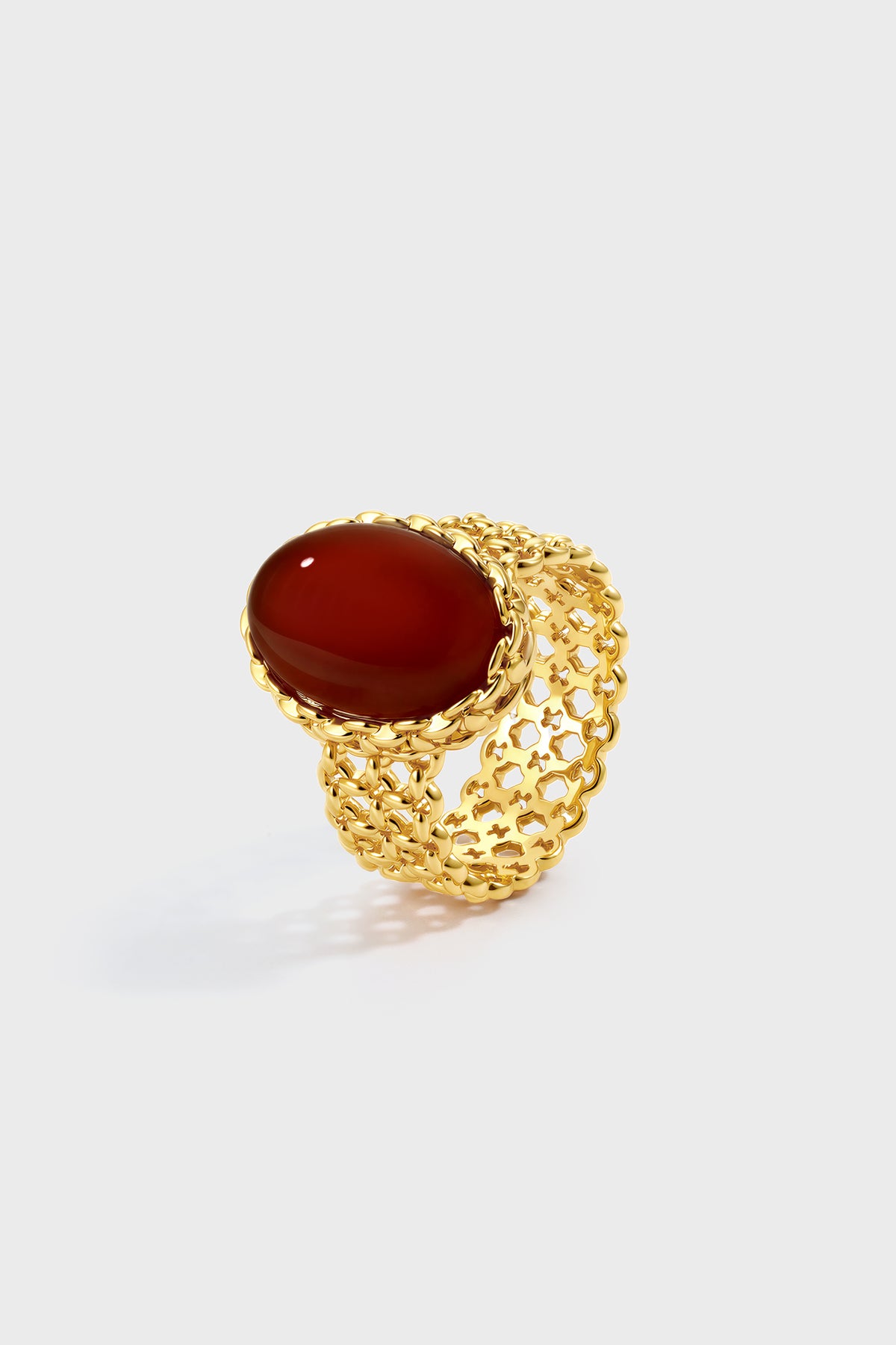 Woven Chain Red Agate Cabochon Ring – 24K Gold Plated - booneealus